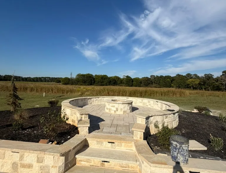 Finished stone patio and circular fire pit project